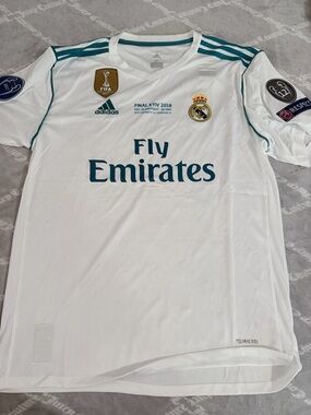 adidas White and Teal Real Madrid Final Kyiv 2018 Match Jersey